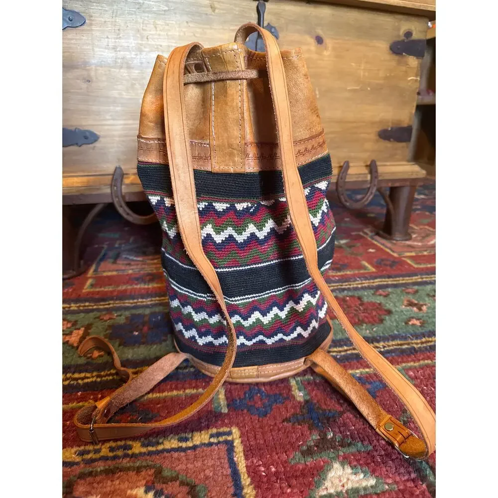 VINTAGE BACKPACK HAND WOVEN WOOL KILIM TOOLED LEATHER SLING PURSE TOTE BAG
